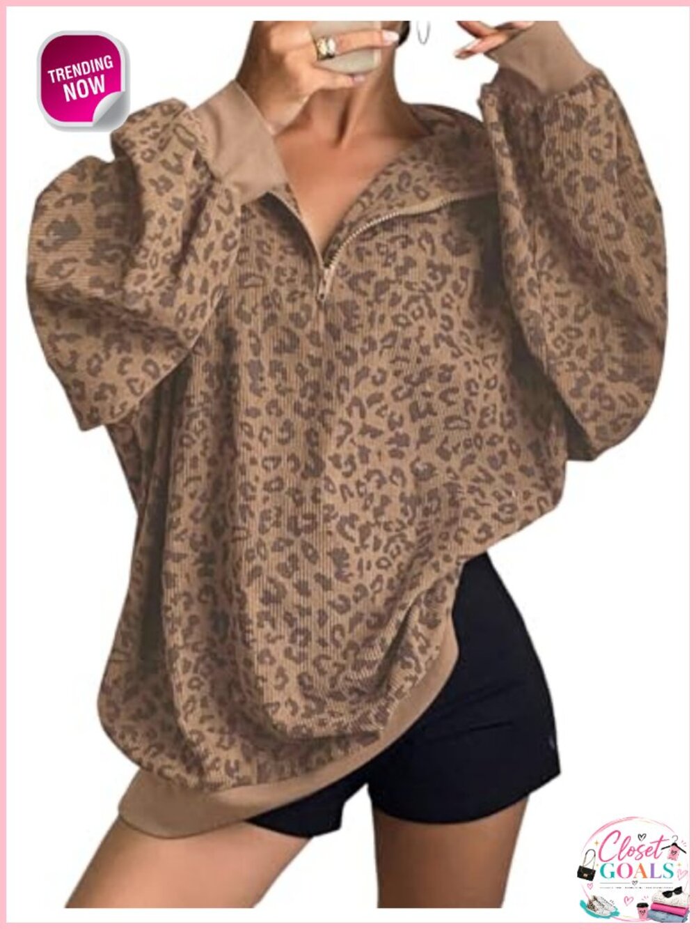 Leopard Print Quarter Zip Sweatshirt Collared Long Sleeve Pullover